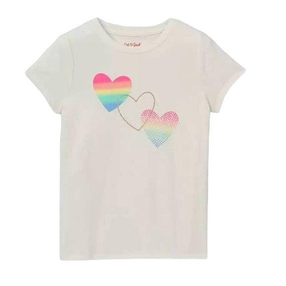 NWT Girls Cat & Jack White Short Sleeve Hearts Graphics T-Shirt Pullover Size 2X - Picture 1 of 2